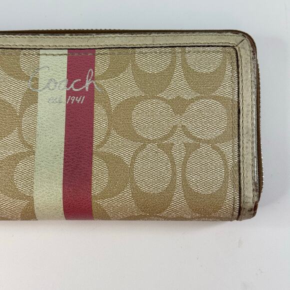 Coach Continental Wallet Brown Pink Designer Leather Signature Stripe Zip Around - Picture 3 of 14